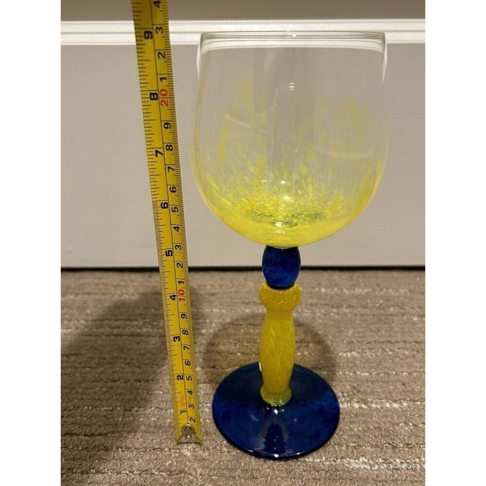 Bohemian Art Glass Stemware Wine Glass Yellow Blue Czech Republic Blown Fused
